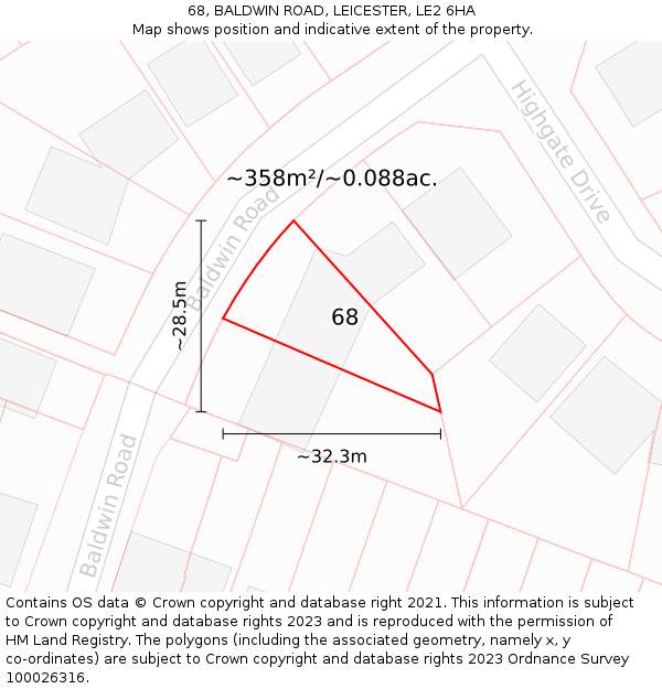 68, BALDWIN ROAD, LEICESTER, LE2 6HA: Plot and title map