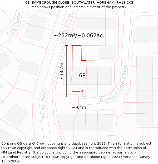 68, BAMBOROUGH CLOSE, SOUTHWATER, HORSHAM, RH13 9XG: Plot and title map