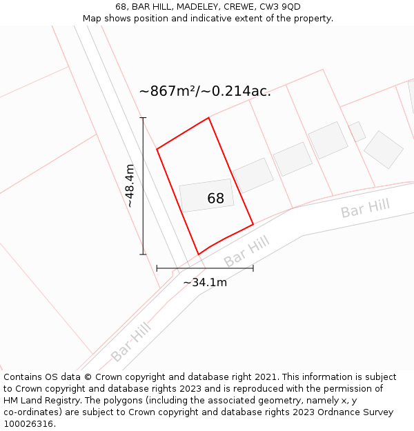 68, BAR HILL, MADELEY, CREWE, CW3 9QD: Plot and title map