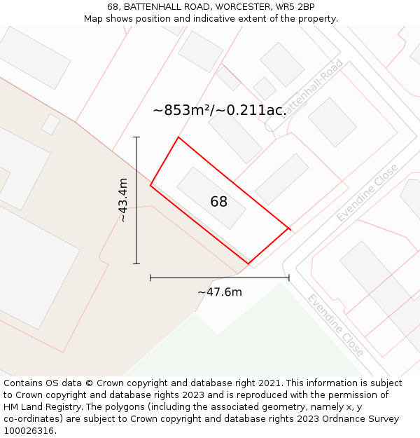 68, BATTENHALL ROAD, WORCESTER, WR5 2BP: Plot and title map