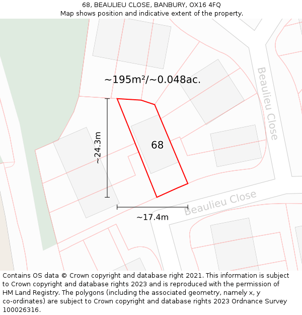 68, BEAULIEU CLOSE, BANBURY, OX16 4FQ: Plot and title map