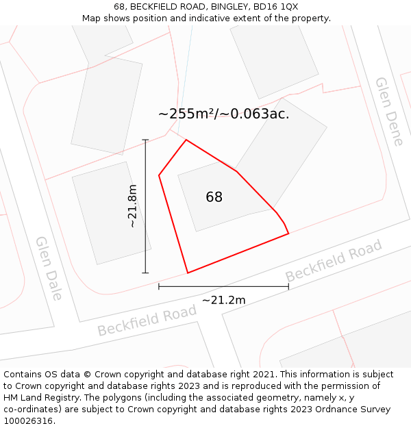 68, BECKFIELD ROAD, BINGLEY, BD16 1QX: Plot and title map