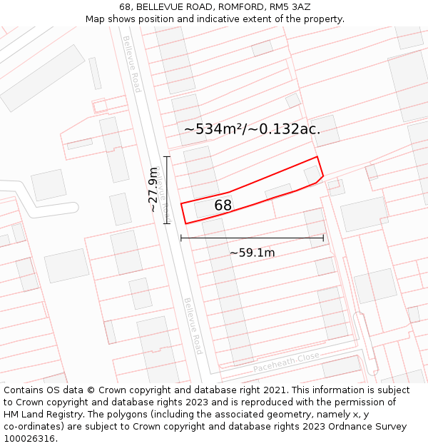 68, BELLEVUE ROAD, ROMFORD, RM5 3AZ: Plot and title map