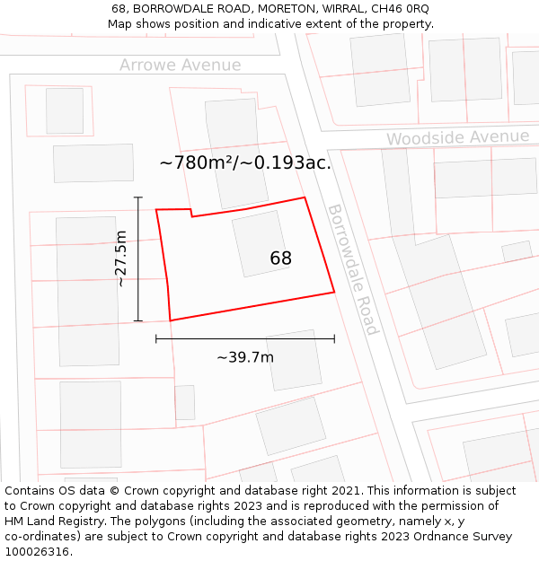 68, BORROWDALE ROAD, MORETON, WIRRAL, CH46 0RQ: Plot and title map