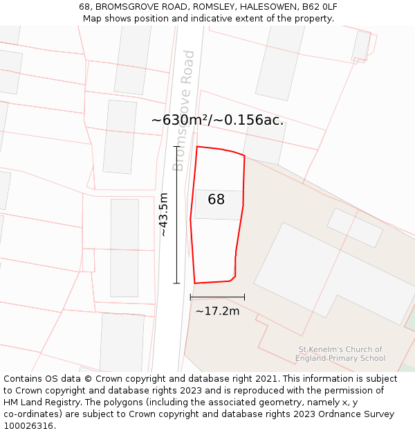 68, BROMSGROVE ROAD, ROMSLEY, HALESOWEN, B62 0LF: Plot and title map