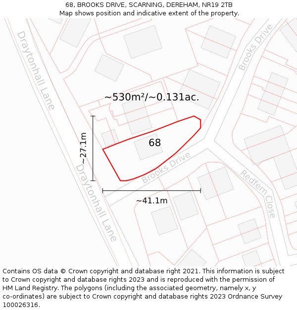 68, BROOKS DRIVE, SCARNING, DEREHAM, NR19 2TB: Plot and title map