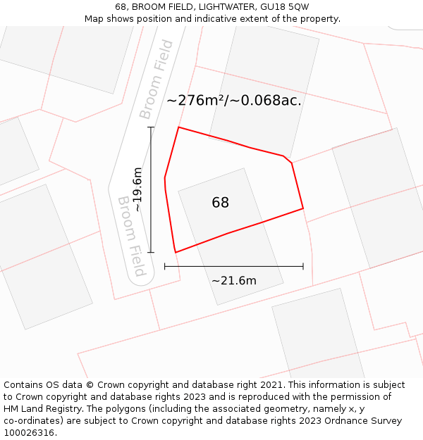 68, BROOM FIELD, LIGHTWATER, GU18 5QW: Plot and title map