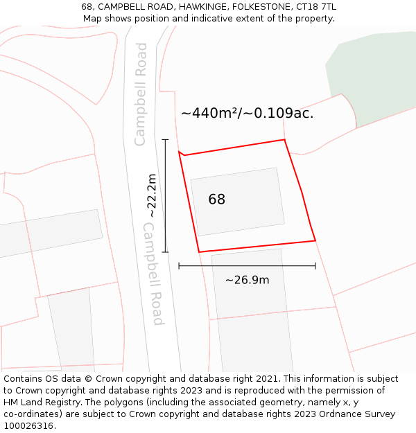 68, CAMPBELL ROAD, HAWKINGE, FOLKESTONE, CT18 7TL: Plot and title map