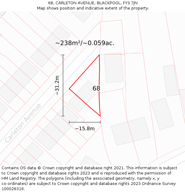 68, CARLETON AVENUE, BLACKPOOL, FY3 7JN: Plot and title map