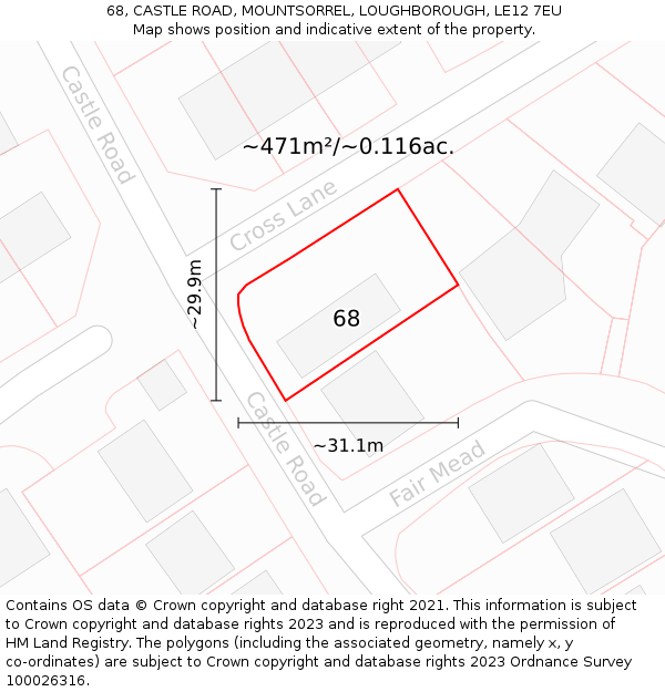 68, CASTLE ROAD, MOUNTSORREL, LOUGHBOROUGH, LE12 7EU: Plot and title map