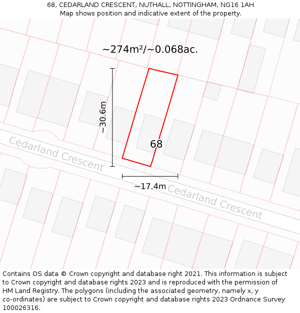 68, CEDARLAND CRESCENT, NUTHALL, NOTTINGHAM, NG16 1AH: Plot and title map