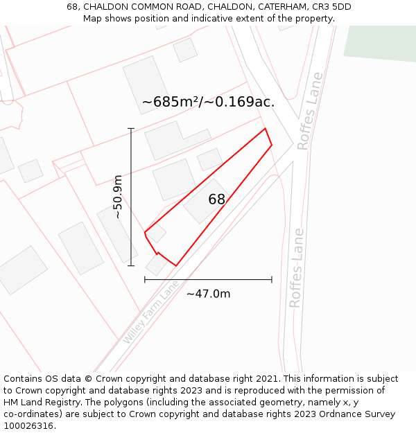 68, CHALDON COMMON ROAD, CHALDON, CATERHAM, CR3 5DD: Plot and title map