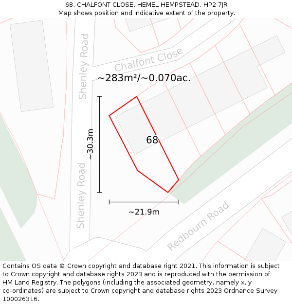 68, CHALFONT CLOSE, HEMEL HEMPSTEAD, HP2 7JR: Plot and title map