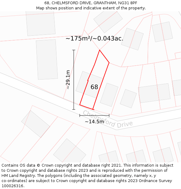 68, CHELMSFORD DRIVE, GRANTHAM, NG31 8PF: Plot and title map