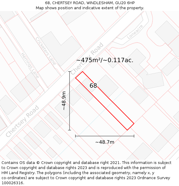 68, CHERTSEY ROAD, WINDLESHAM, GU20 6HP: Plot and title map