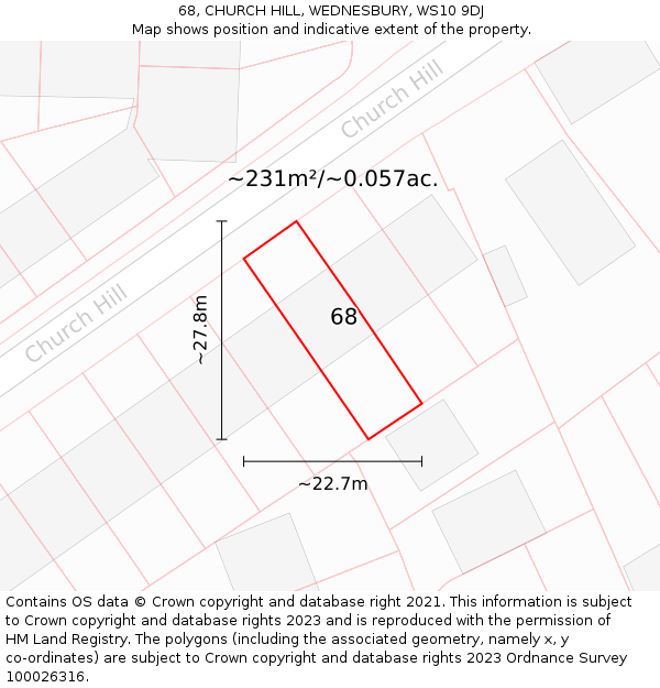 68, CHURCH HILL, WEDNESBURY, WS10 9DJ: Plot and title map