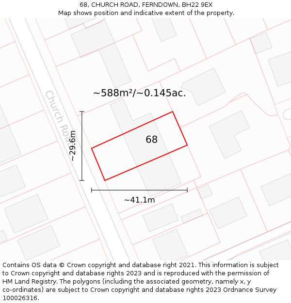 68, CHURCH ROAD, FERNDOWN, BH22 9EX: Plot and title map