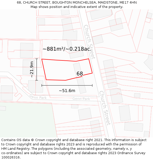 68, CHURCH STREET, BOUGHTON MONCHELSEA, MAIDSTONE, ME17 4HN: Plot and title map