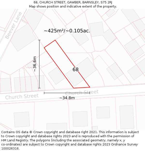 68, CHURCH STREET, GAWBER, BARNSLEY, S75 2RJ: Plot and title map