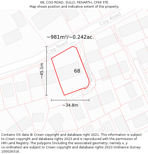 68, COG ROAD, SULLY, PENARTH, CF64 5TE: Plot and title map