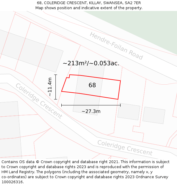 68, COLERIDGE CRESCENT, KILLAY, SWANSEA, SA2 7ER: Plot and title map