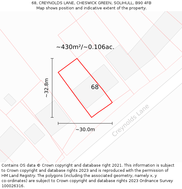 68, CREYNOLDS LANE, CHESWICK GREEN, SOLIHULL, B90 4FB: Plot and title map