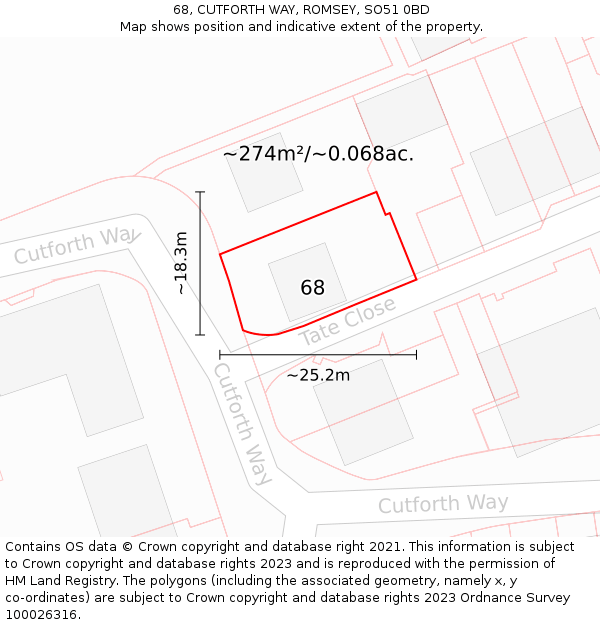 68, CUTFORTH WAY, ROMSEY, SO51 0BD: Plot and title map