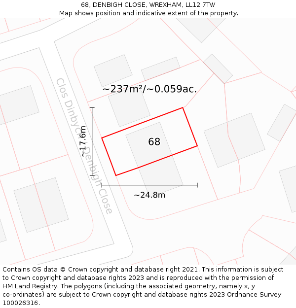 68, DENBIGH CLOSE, WREXHAM, LL12 7TW: Plot and title map