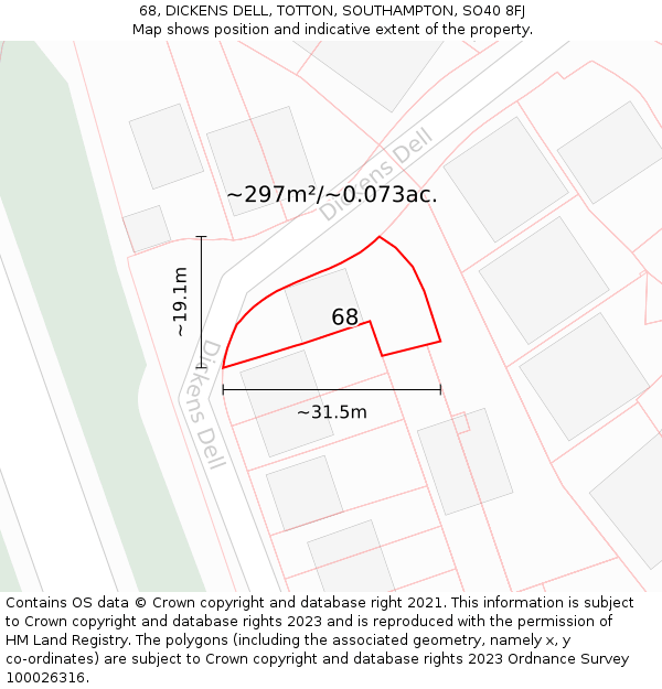 68, DICKENS DELL, TOTTON, SOUTHAMPTON, SO40 8FJ: Plot and title map