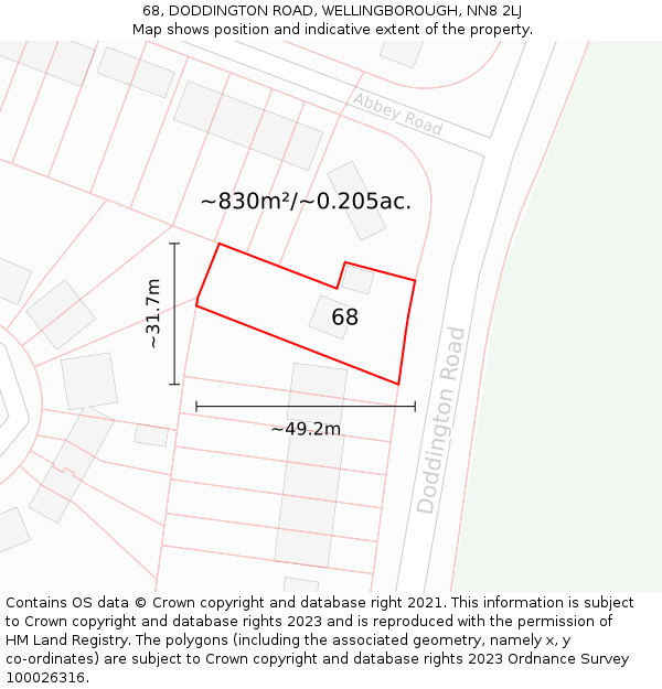 68, DODDINGTON ROAD, WELLINGBOROUGH, NN8 2LJ: Plot and title map