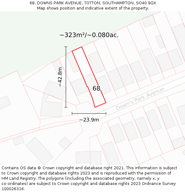 68, DOWNS PARK AVENUE, TOTTON, SOUTHAMPTON, SO40 9GX: Plot and title map