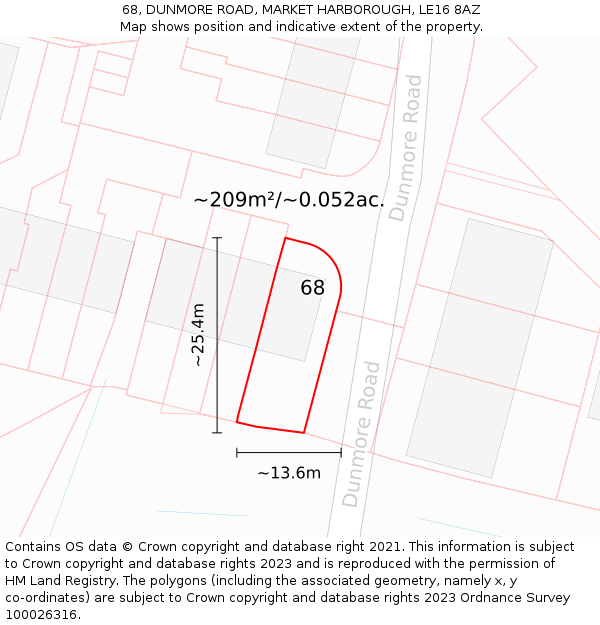 68, DUNMORE ROAD, MARKET HARBOROUGH, LE16 8AZ: Plot and title map