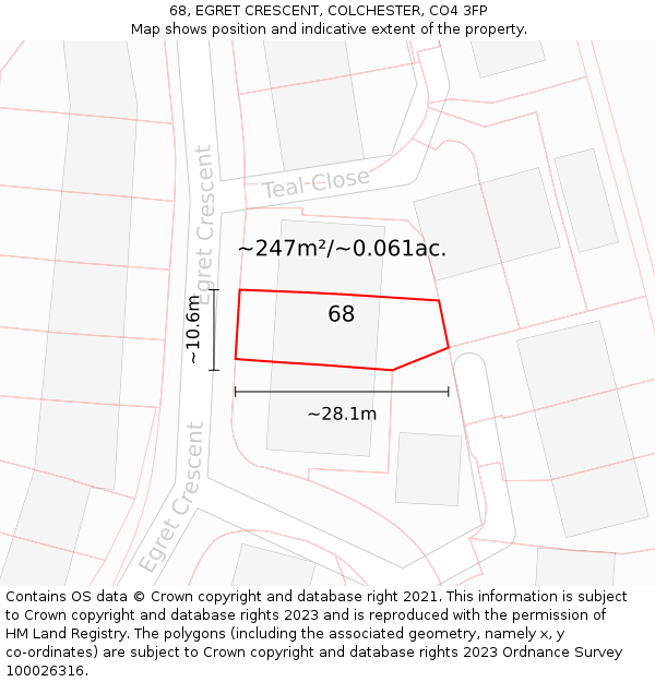 68, EGRET CRESCENT, COLCHESTER, CO4 3FP: Plot and title map