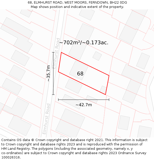 68, ELMHURST ROAD, WEST MOORS, FERNDOWN, BH22 0DG: Plot and title map