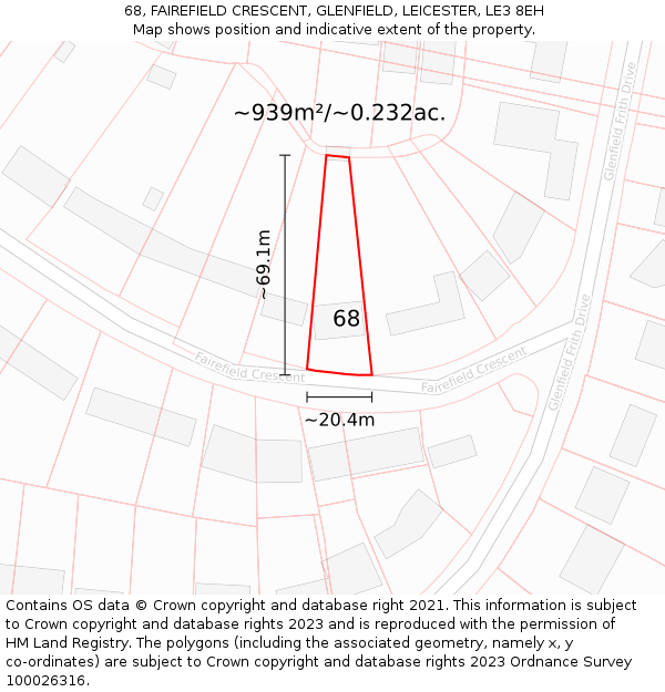 68, FAIREFIELD CRESCENT, GLENFIELD, LEICESTER, LE3 8EH: Plot and title map