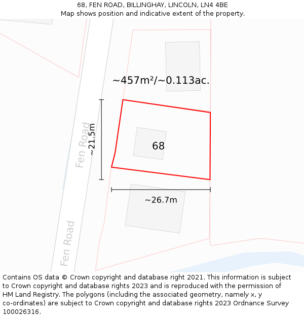 68, FEN ROAD, BILLINGHAY, LINCOLN, LN4 4BE: Plot and title map