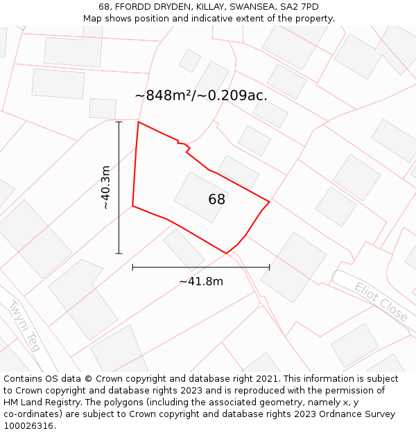 68, FFORDD DRYDEN, KILLAY, SWANSEA, SA2 7PD: Plot and title map