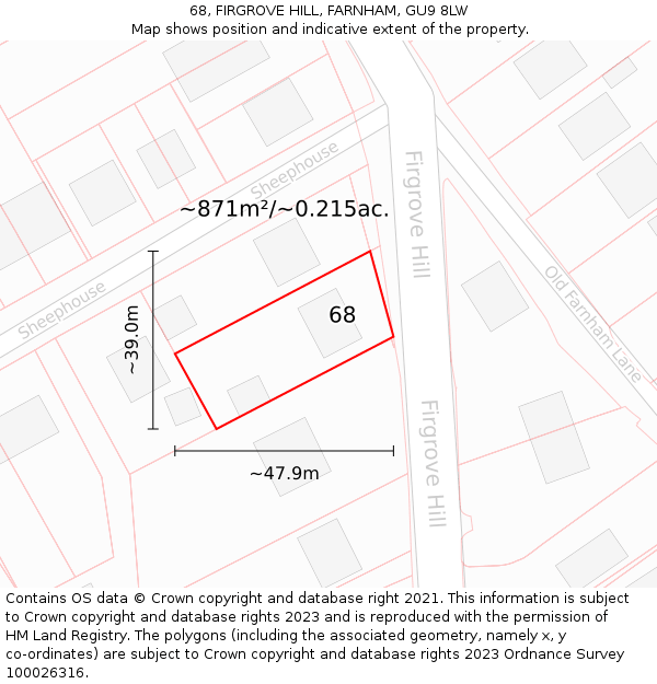 68, FIRGROVE HILL, FARNHAM, GU9 8LW: Plot and title map