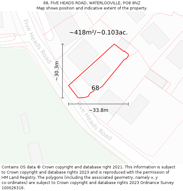 68, FIVE HEADS ROAD, WATERLOOVILLE, PO8 9NZ: Plot and title map