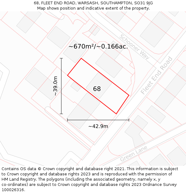 68, FLEET END ROAD, WARSASH, SOUTHAMPTON, SO31 9JG: Plot and title map