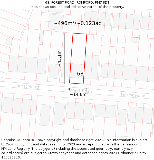 68, FOREST ROAD, ROMFORD, RM7 8DT: Plot and title map