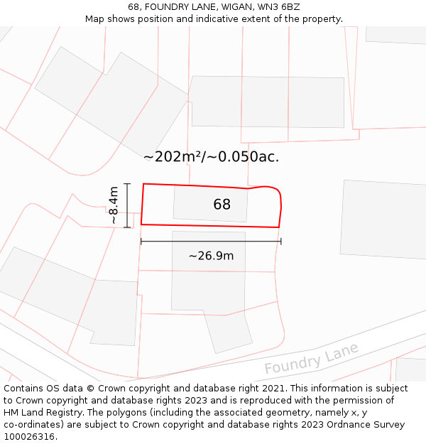 68, FOUNDRY LANE, WIGAN, WN3 6BZ: Plot and title map