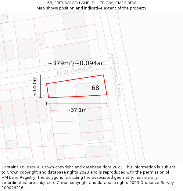 68, FRITHWOOD LANE, BILLERICAY, CM12 9PW: Plot and title map