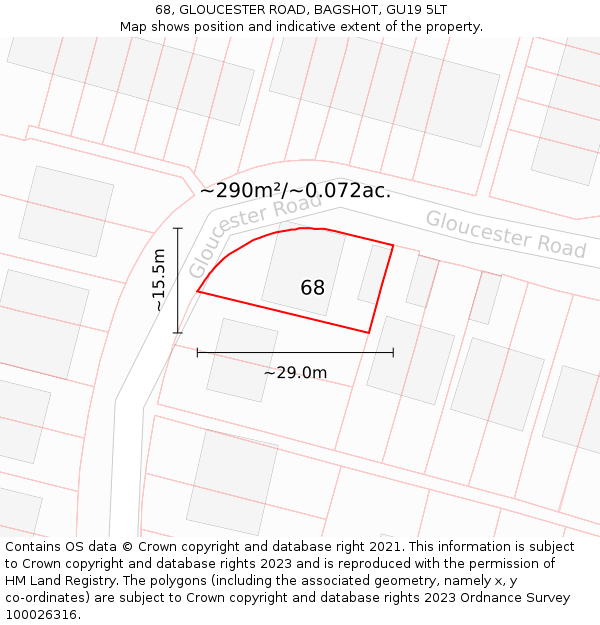 68, GLOUCESTER ROAD, BAGSHOT, GU19 5LT: Plot and title map