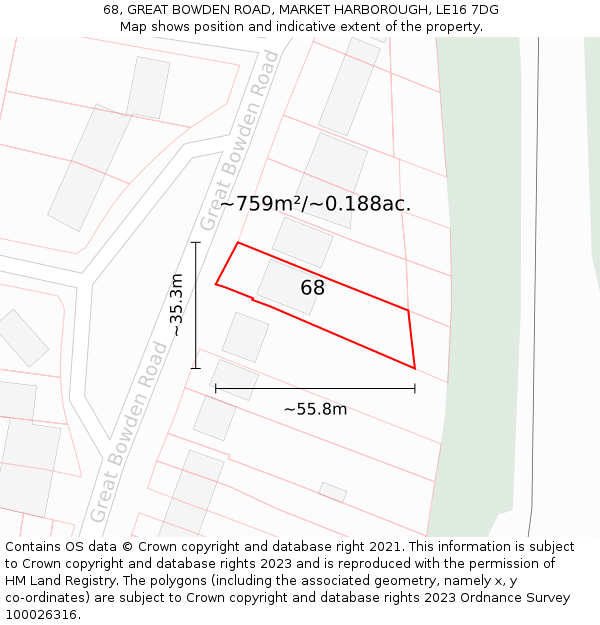 68, GREAT BOWDEN ROAD, MARKET HARBOROUGH, LE16 7DG: Plot and title map