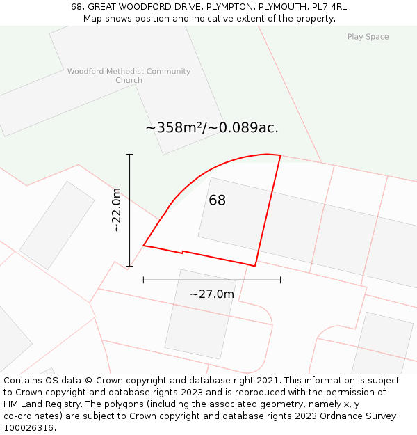 68, GREAT WOODFORD DRIVE, PLYMPTON, PLYMOUTH, PL7 4RL: Plot and title map