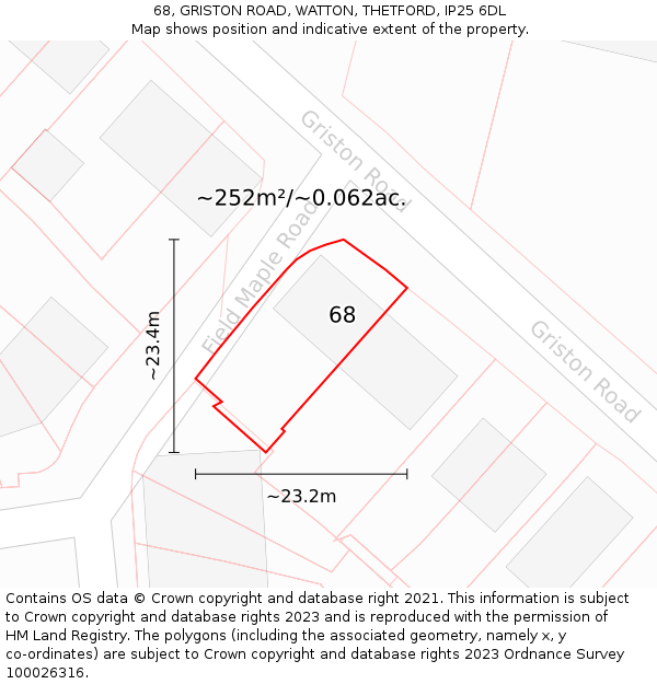 68, GRISTON ROAD, WATTON, THETFORD, IP25 6DL: Plot and title map