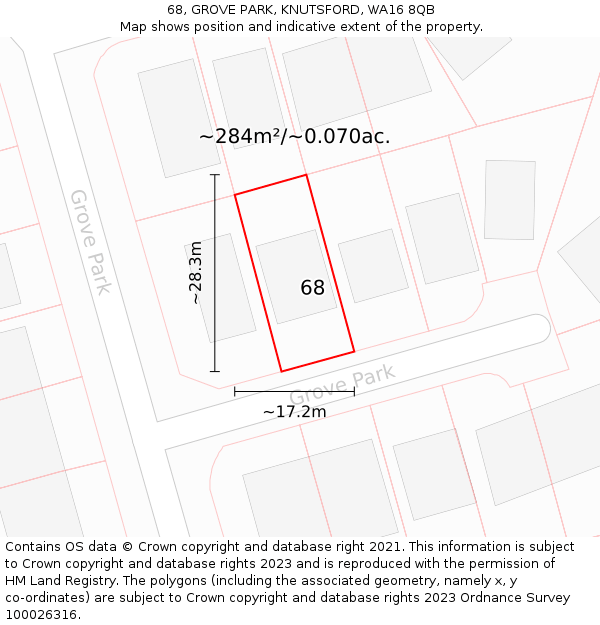 68, GROVE PARK, KNUTSFORD, WA16 8QB: Plot and title map