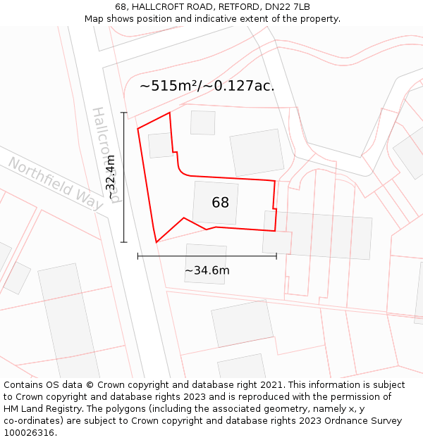 68, HALLCROFT ROAD, RETFORD, DN22 7LB: Plot and title map