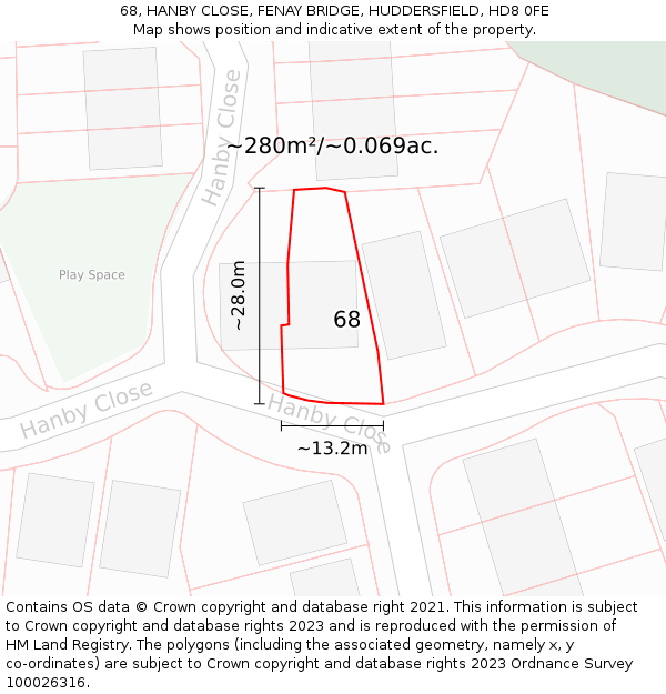 68, HANBY CLOSE, FENAY BRIDGE, HUDDERSFIELD, HD8 0FE: Plot and title map